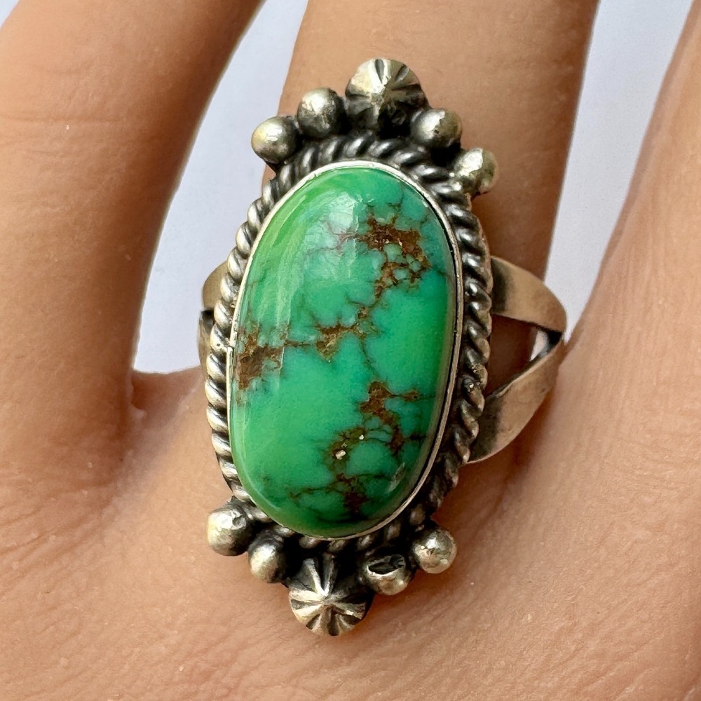 Navajo Sonoran‎ Gold Turquoise Ring Sz 8.5 Sterling Signed F Stamp Native Amer